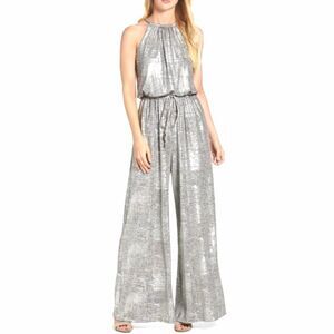 Vince Camuto Metallic Silver Sleeveless Halter Jumpsuit Necklace Closure Size M